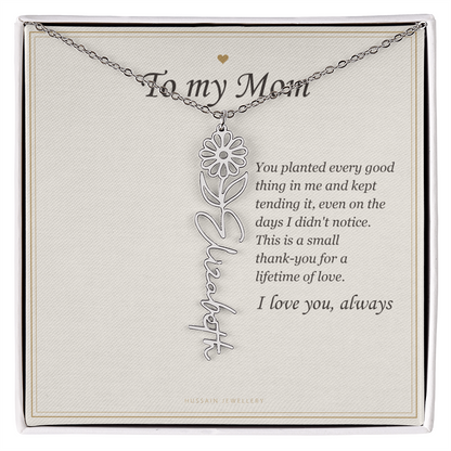 Polished stainless steel birth flower name pendant on the To My Mom message card | Mom Birth Flower Name Necklace with Message Card