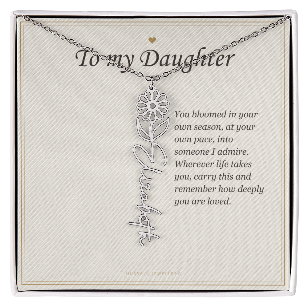 Polished stainless steel birth flower name pendant on the To My Daughter message card | Daughter Birth Flower Name Necklace with Message Card