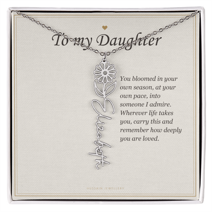 Polished stainless steel birth flower name pendant on the To My Daughter message card | Daughter Birth Flower Name Necklace with Message Card