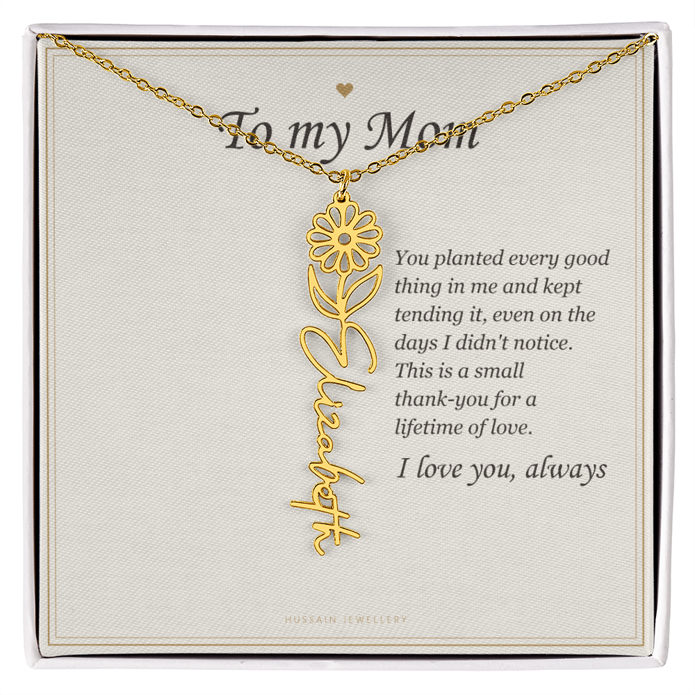 18k yellow gold finish birth flower name pendant on the To My Mom message card | Mom Birth Flower Name Necklace with Message Card