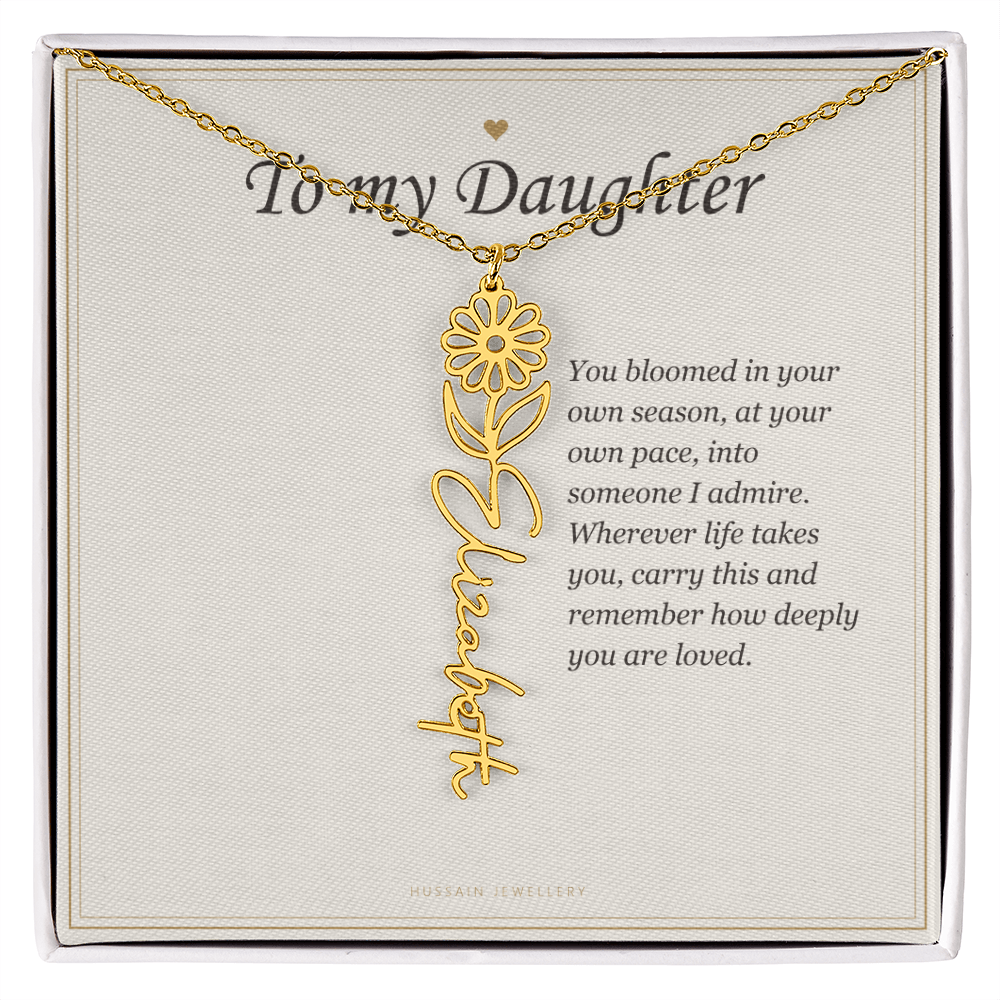 18k yellow gold finish birth flower name pendant on the To My Daughter message card | Daughter Birth Flower Name Necklace with Message Card