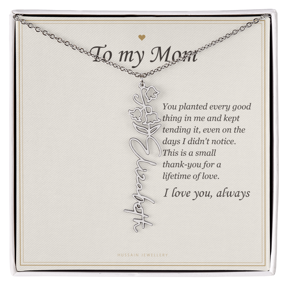 Polished stainless steel birth flower name pendant on the To My Mom message card | Mom Birth Flower Name Necklace with Message Card