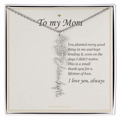 Polished stainless steel birth flower name pendant on the To My Mom message card | Mom Birth Flower Name Necklace with Message Card