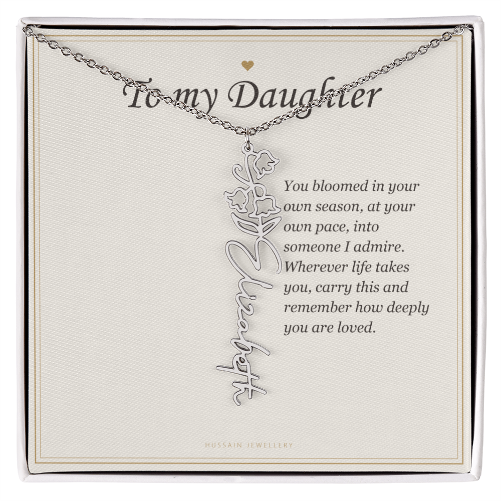 Polished stainless steel birth flower name pendant on the To My Daughter message card | Daughter Birth Flower Name Necklace with Message Card