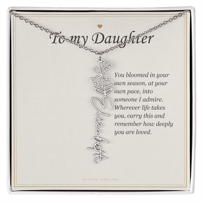 Polished stainless steel birth flower name pendant on the To My Daughter message card | Daughter Birth Flower Name Necklace with Message Card