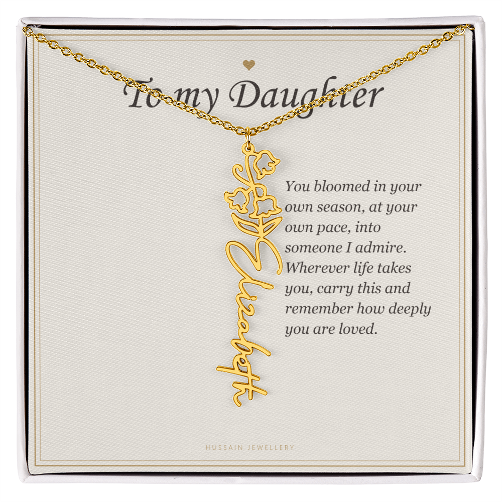18k yellow gold finish birth flower name pendant on the To My Daughter message card | Daughter Birth Flower Name Necklace with Message Card