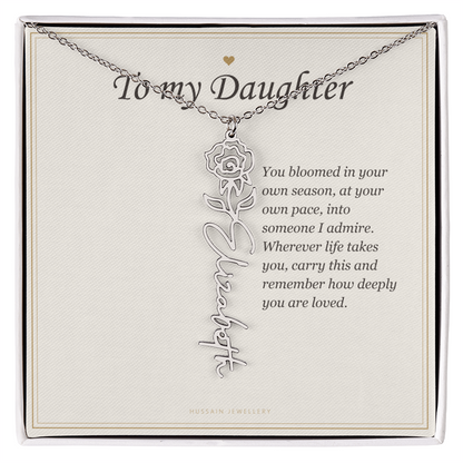 Polished stainless steel birth flower name pendant on the To My Daughter message card | Daughter Birth Flower Name Necklace with Message Card