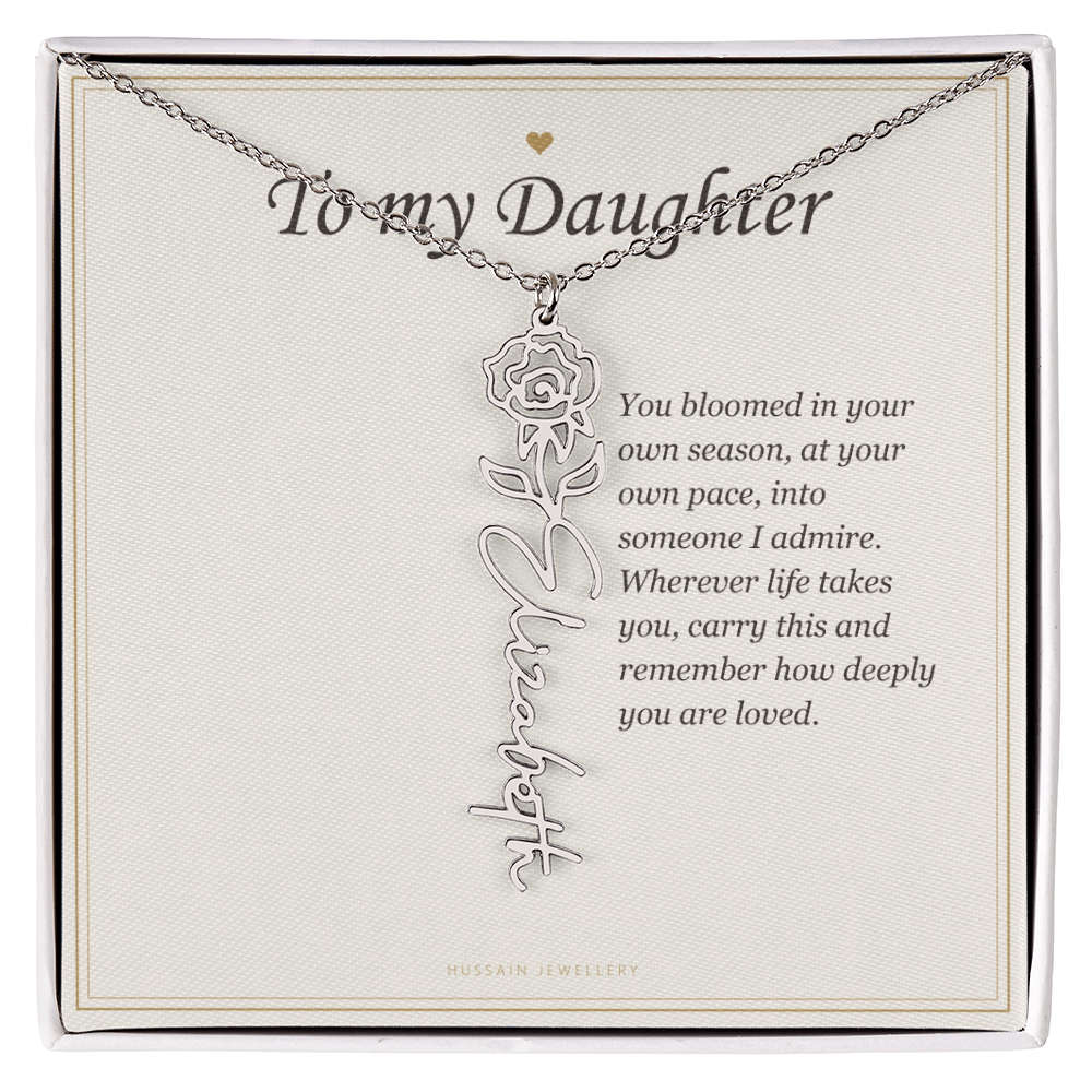 Polished stainless steel birth flower name pendant on the To My Daughter message card | Daughter Birth Flower Name Necklace with Message Card