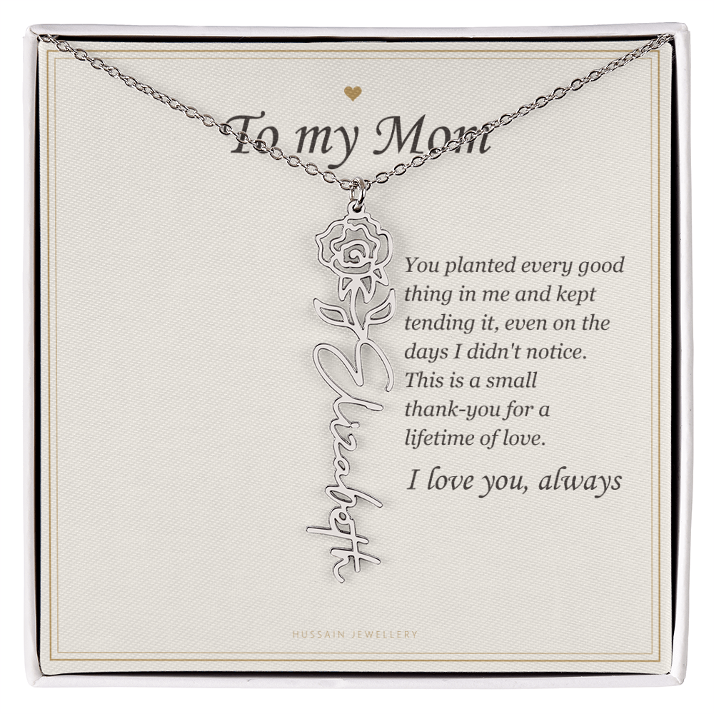Polished stainless steel birth flower name pendant on the To My Mom message card | Mom Birth Flower Name Necklace with Message Card