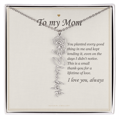 Polished stainless steel birth flower name pendant on the To My Mom message card | Mom Birth Flower Name Necklace with Message Card