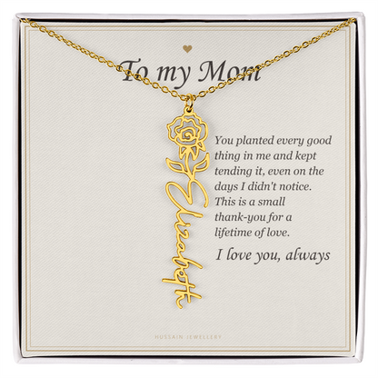 18k yellow gold finish birth flower name pendant on the To My Mom message card | Mom Birth Flower Name Necklace with Message Card