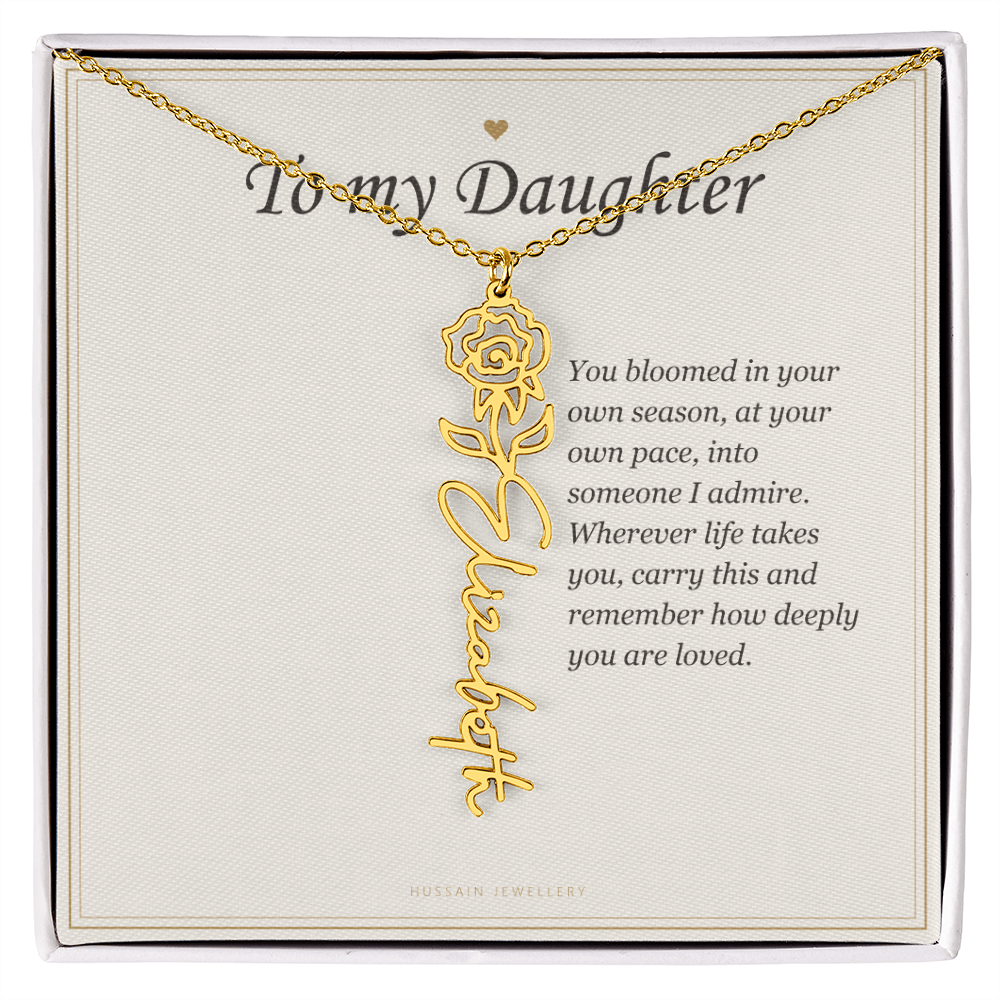 18k yellow gold finish birth flower name pendant on the To My Daughter message card | Daughter Birth Flower Name Necklace with Message Card