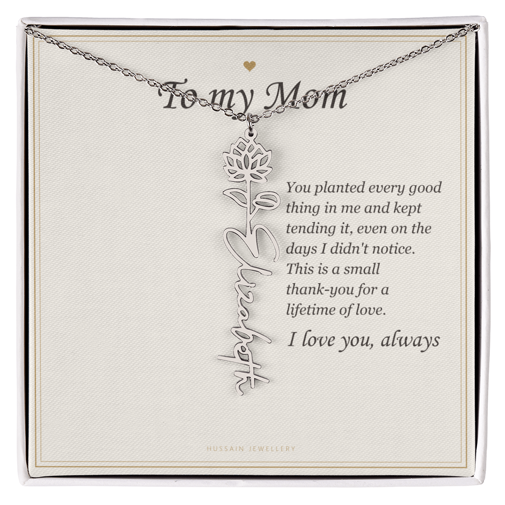 Polished stainless steel birth flower name pendant on the To My Mom message card | Mom Birth Flower Name Necklace with Message Card