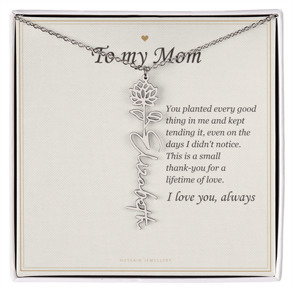 Polished stainless steel birth flower name pendant on the To My Mom message card | Mom Birth Flower Name Necklace with Message Card