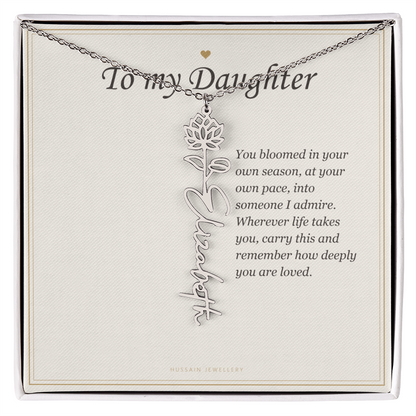 Polished stainless steel birth flower name pendant on the To My Daughter message card | Daughter Birth Flower Name Necklace with Message Card