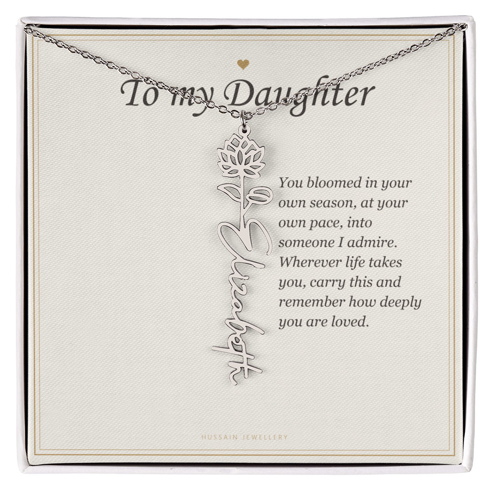 Polished stainless steel birth flower name pendant on the To My Daughter message card | Daughter Birth Flower Name Necklace with Message Card