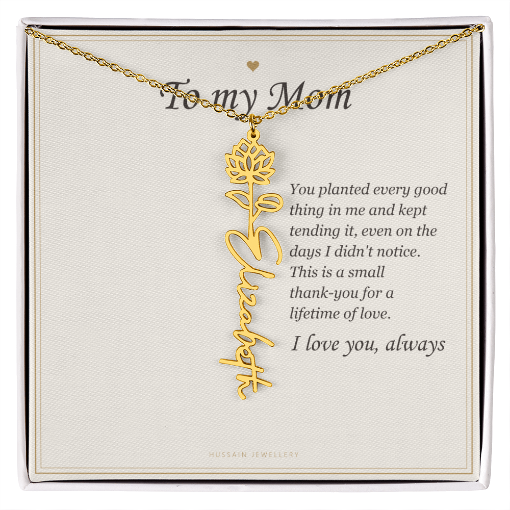 18k yellow gold finish birth flower name pendant on the To My Mom message card | Mom Birth Flower Name Necklace with Message Card