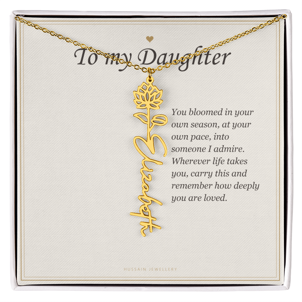 18k yellow gold finish birth flower name pendant on the To My Daughter message card | Daughter Birth Flower Name Necklace with Message Card