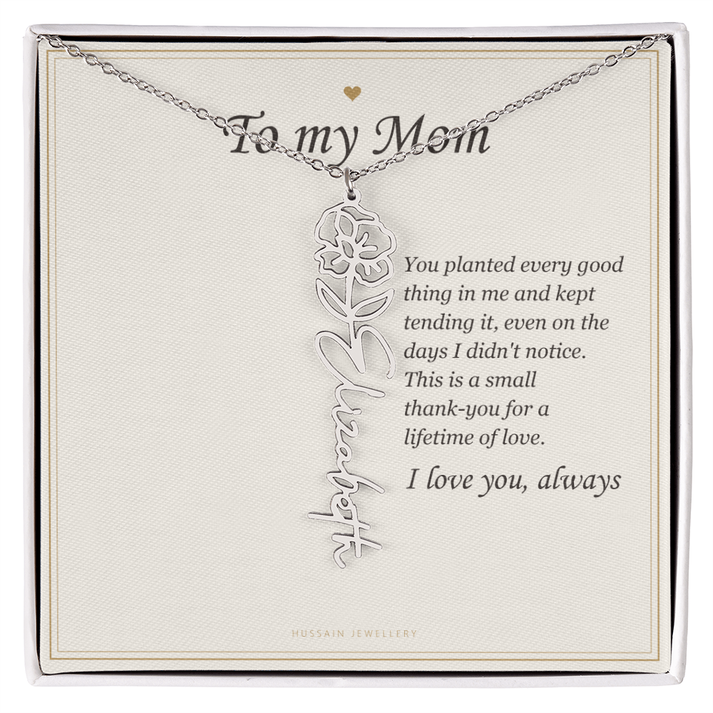 Polished stainless steel birth flower name pendant on the To My Mom message card | Mom Birth Flower Name Necklace with Message Card