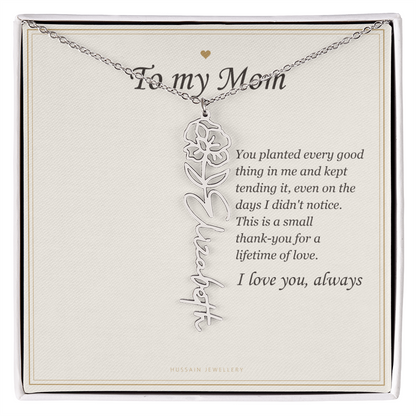 Polished stainless steel birth flower name pendant on the To My Mom message card | Mom Birth Flower Name Necklace with Message Card