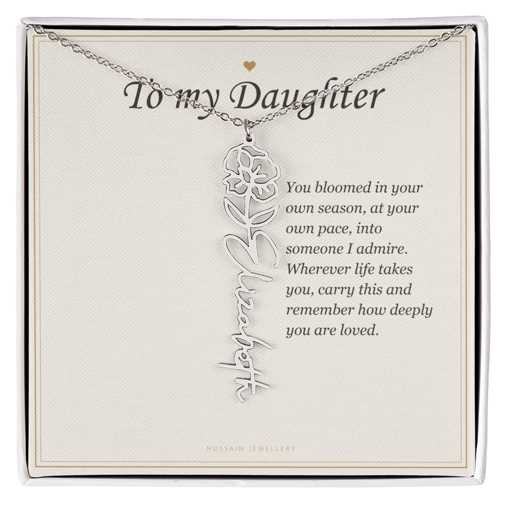 Polished stainless steel birth flower name pendant on the To My Daughter message card | Daughter Birth Flower Name Necklace with Message Card