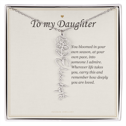 Polished stainless steel birth flower name pendant on the To My Daughter message card | Daughter Birth Flower Name Necklace with Message Card
