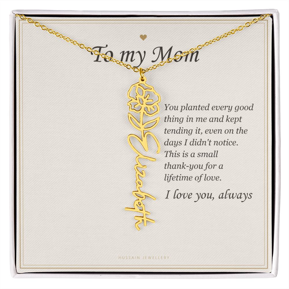 18k yellow gold finish birth flower name pendant on the To My Mom message card | Mom Birth Flower Name Necklace with Message Card
