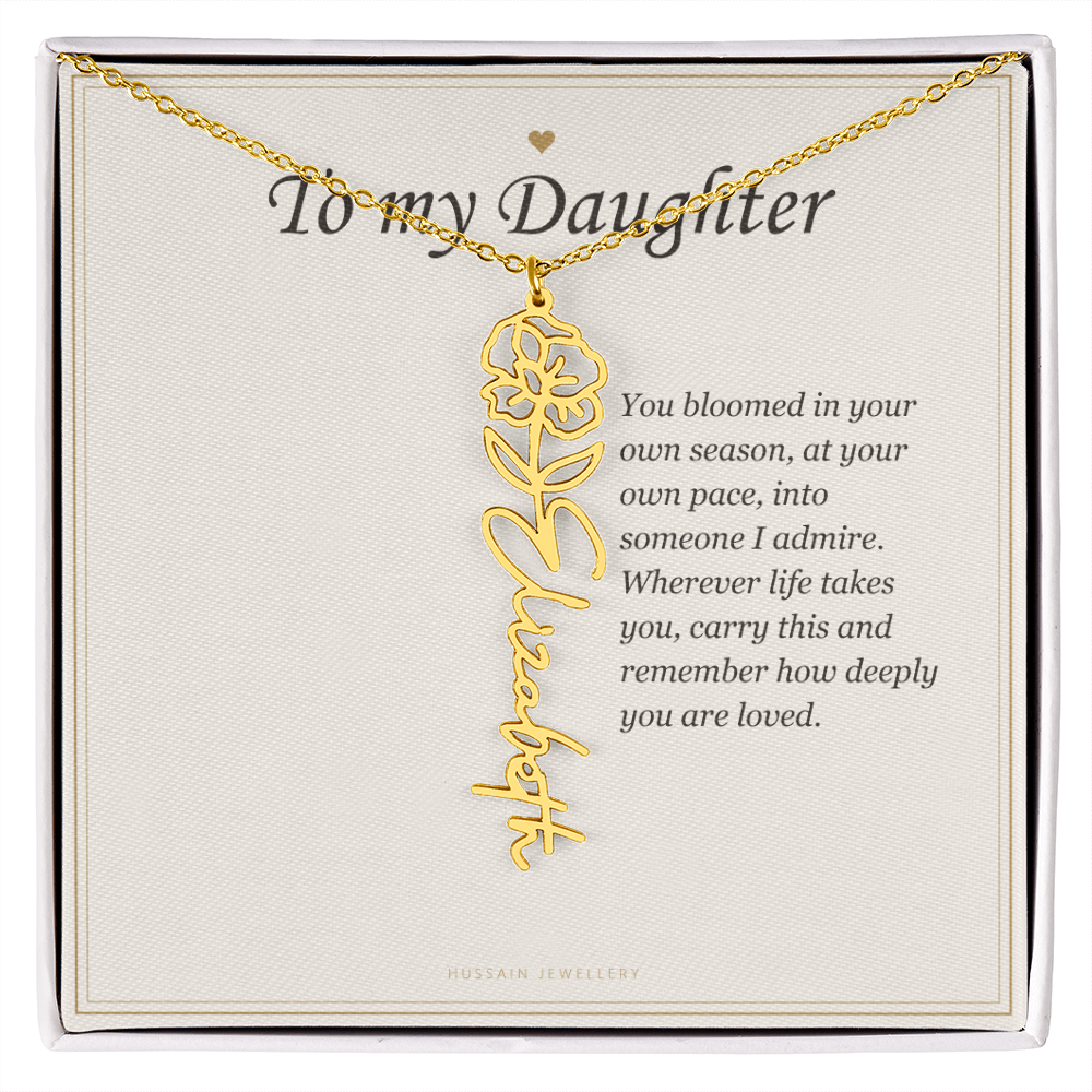18k yellow gold finish birth flower name pendant on the To My Daughter message card | Daughter Birth Flower Name Necklace with Message Card