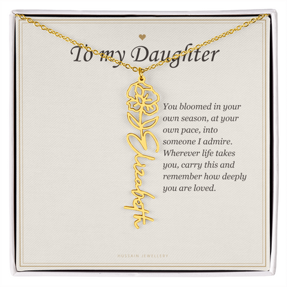 18k yellow gold finish birth flower name pendant on the To My Daughter message card | Daughter Birth Flower Name Necklace with Message Card