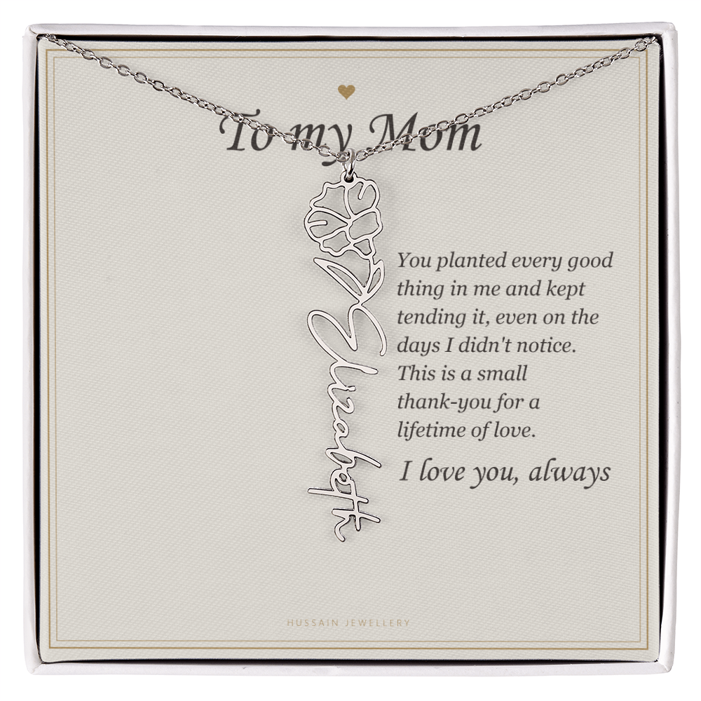 Polished stainless steel birth flower name pendant on the To My Mom message card | Mom Birth Flower Name Necklace with Message Card