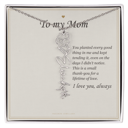 Polished stainless steel birth flower name pendant on the To My Mom message card | Mom Birth Flower Name Necklace with Message Card