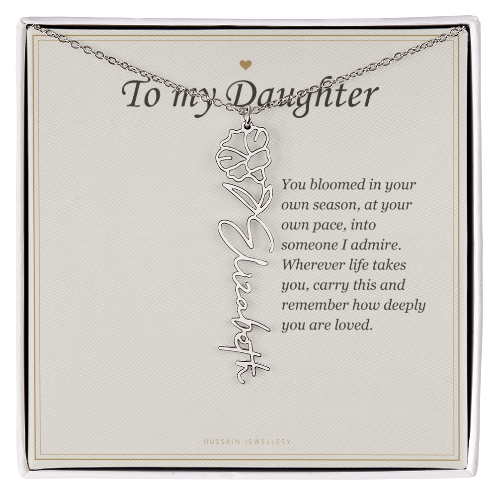 Polished stainless steel birth flower name pendant on the To My Daughter message card | Daughter Birth Flower Name Necklace with Message Card