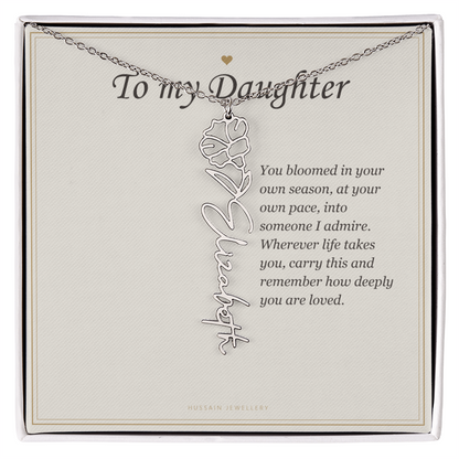 Polished stainless steel birth flower name pendant on the To My Daughter message card | Daughter Birth Flower Name Necklace with Message Card