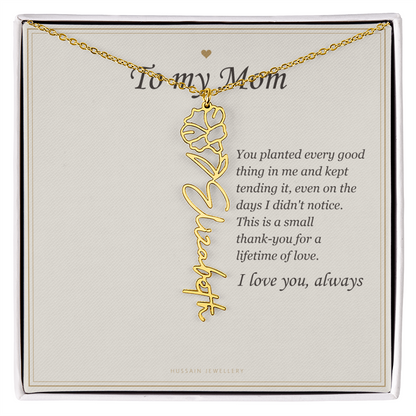18k yellow gold finish birth flower name pendant on the To My Mom message card | Mom Birth Flower Name Necklace with Message Card