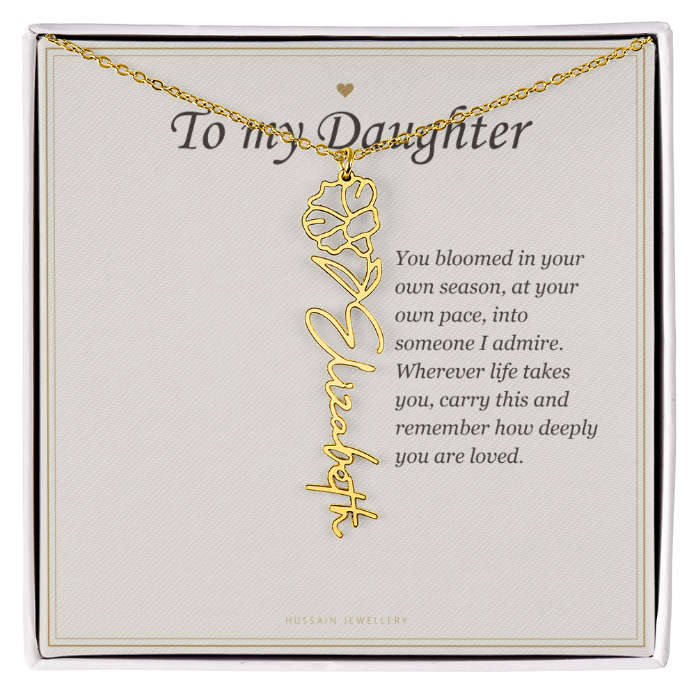 18k yellow gold finish birth flower name pendant on the To My Daughter message card | Daughter Birth Flower Name Necklace with Message Card