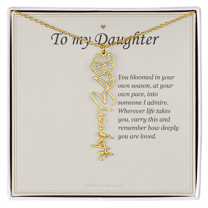 18k yellow gold finish birth flower name pendant on the To My Daughter message card | Daughter Birth Flower Name Necklace with Message Card