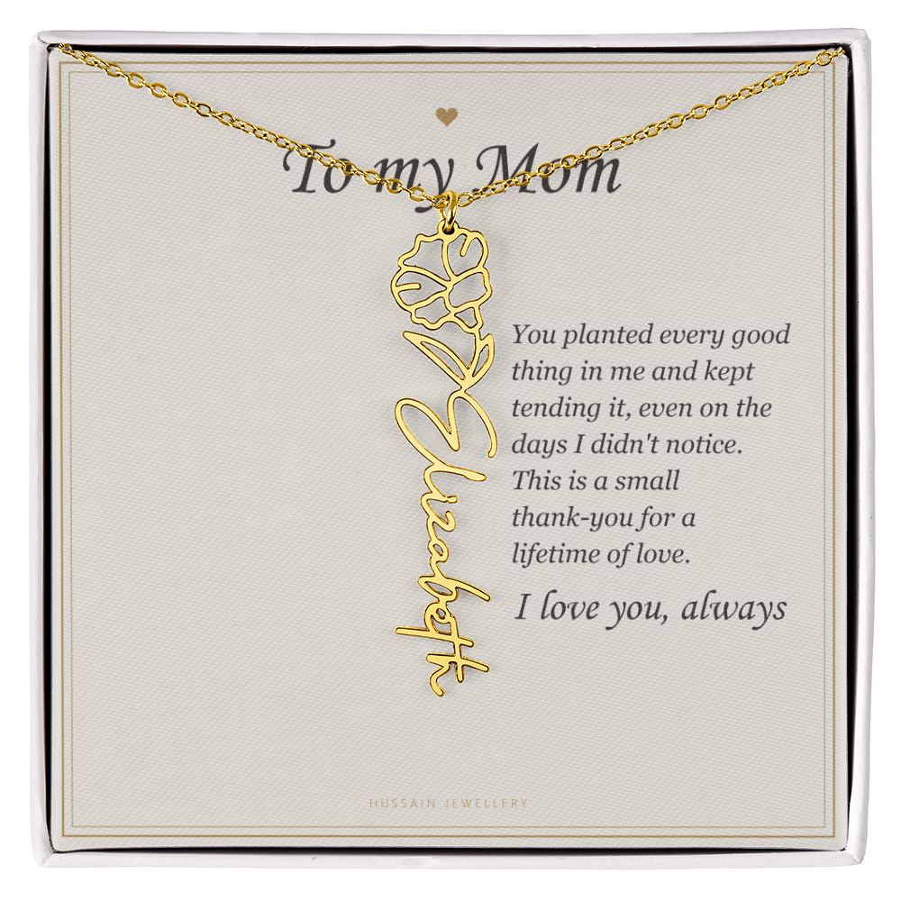 18k yellow gold finish birth flower name pendant on the To My Mom message card | Mom Birth Flower Name Necklace with Message Card
