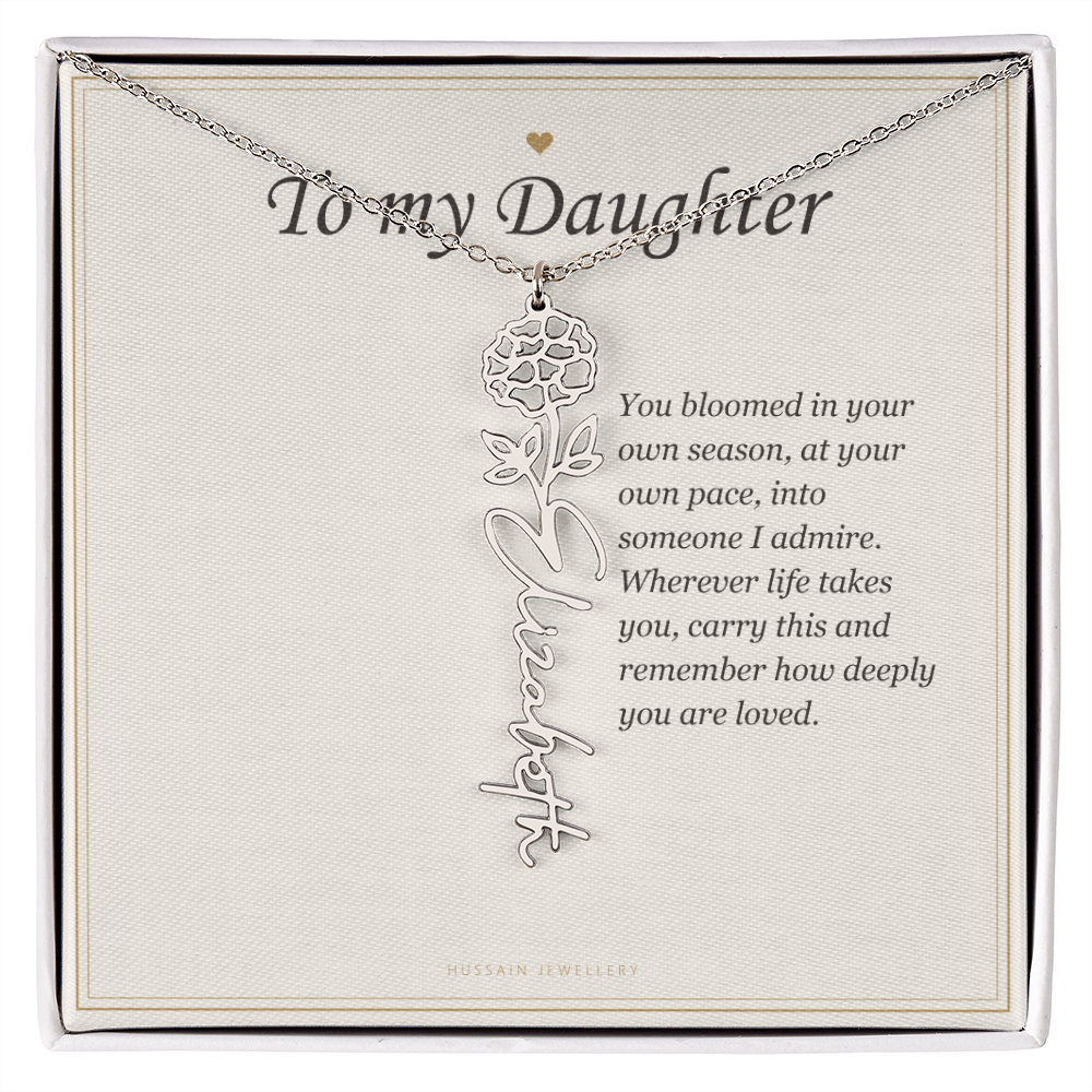 Polished stainless steel birth flower name pendant on the To My Daughter message card | Daughter Birth Flower Name Necklace with Message Card