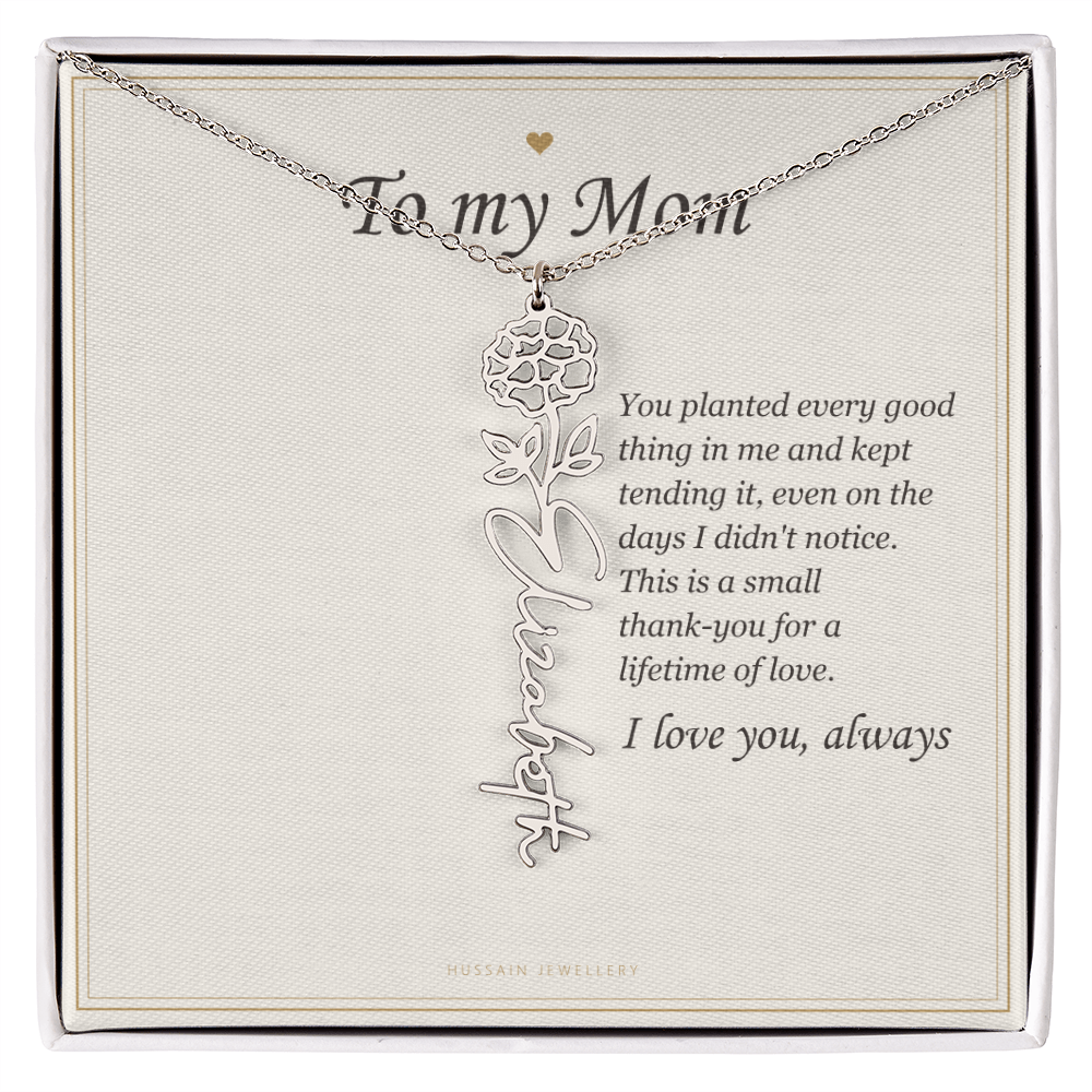 Polished stainless steel birth flower name pendant on the To My Mom message card | Mom Birth Flower Name Necklace with Message Card
