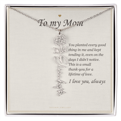 Polished stainless steel birth flower name pendant on the To My Mom message card | Mom Birth Flower Name Necklace with Message Card