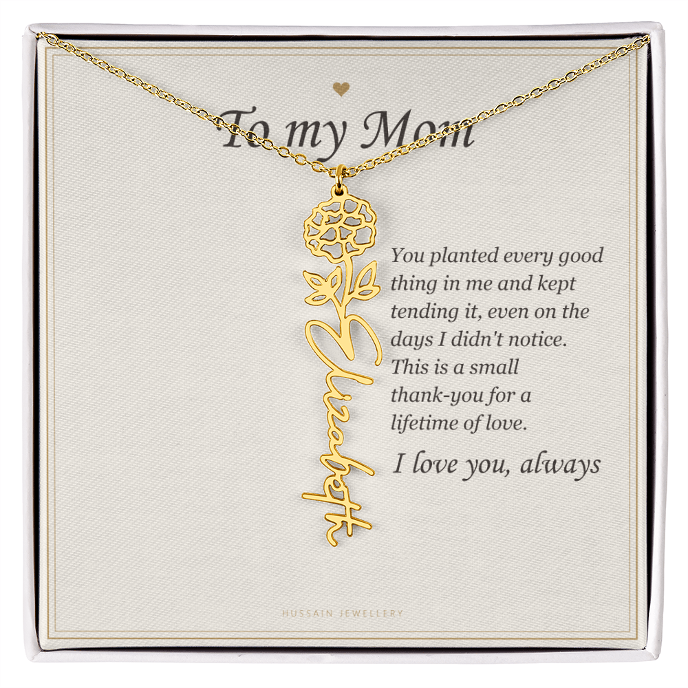 18k yellow gold finish birth flower name pendant on the To My Mom message card | Mom Birth Flower Name Necklace with Message Card