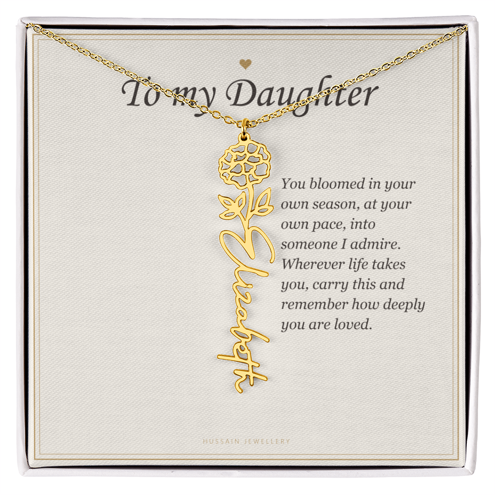18k yellow gold finish birth flower name pendant on the To My Daughter message card | Daughter Birth Flower Name Necklace with Message Card