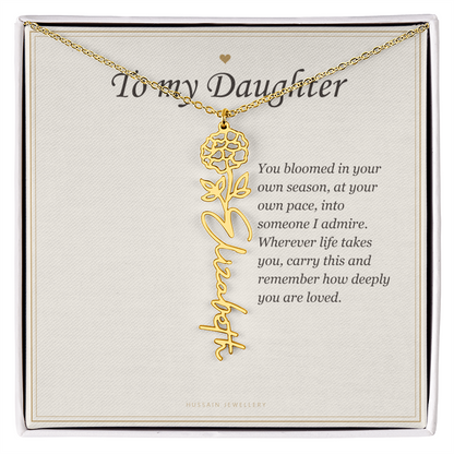 18k yellow gold finish birth flower name pendant on the To My Daughter message card | Daughter Birth Flower Name Necklace with Message Card