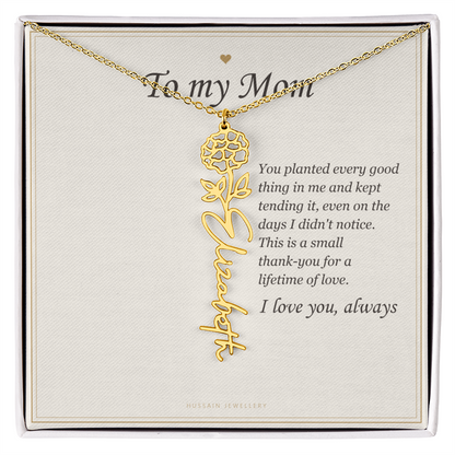 18k yellow gold finish birth flower name pendant on the To My Mom message card | Mom Birth Flower Name Necklace with Message Card