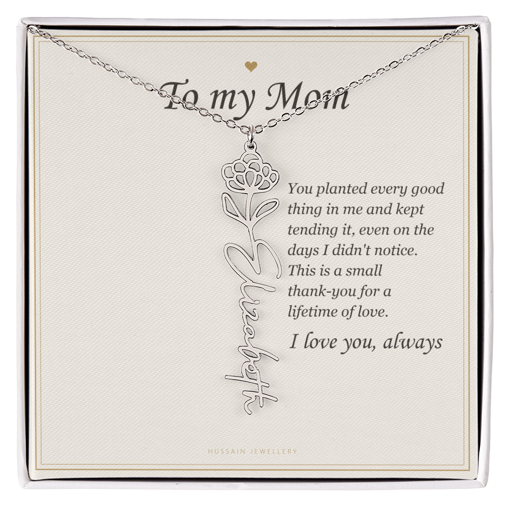 Polished stainless steel birth flower name pendant on the To My Mom message card | Mom Birth Flower Name Necklace with Message Card