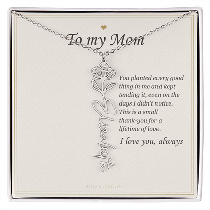 Polished stainless steel birth flower name pendant on the To My Mom message card | Mom Birth Flower Name Necklace with Message Card