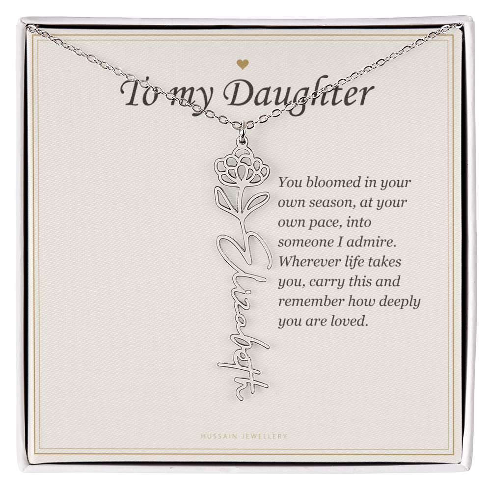 Polished stainless steel birth flower name pendant on the To My Daughter message card | Daughter Birth Flower Name Necklace with Message Card