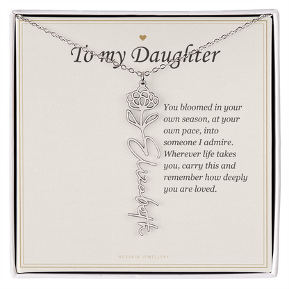 Polished stainless steel birth flower name pendant on the To My Daughter message card | Daughter Birth Flower Name Necklace with Message Card