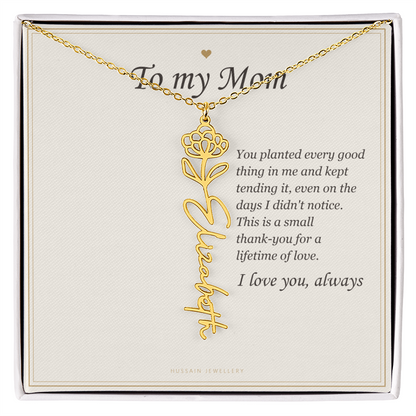 18k yellow gold finish birth flower name pendant on the To My Mom message card | Mom Birth Flower Name Necklace with Message Card