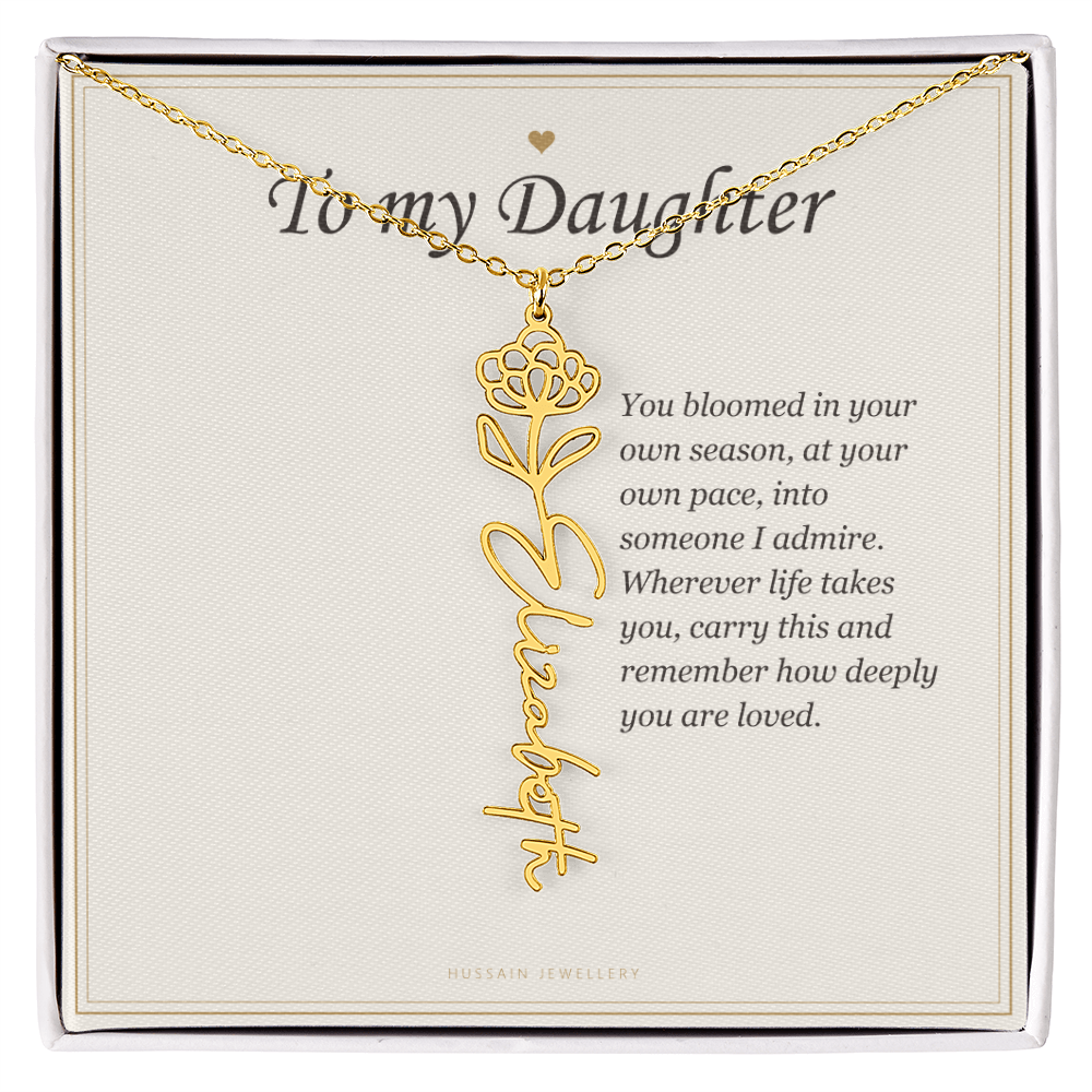 18k yellow gold finish birth flower name pendant on the To My Daughter message card | Daughter Birth Flower Name Necklace with Message Card